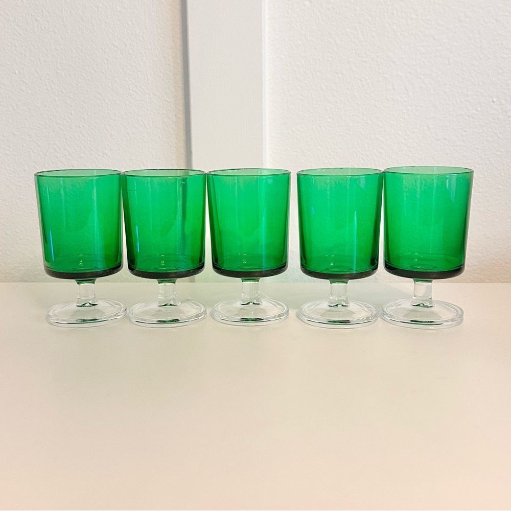 (5) French Luminarc Cavalier Wine Glasses Emerald Green 70’s Cordial Shot MCM - Picture 2 of 9